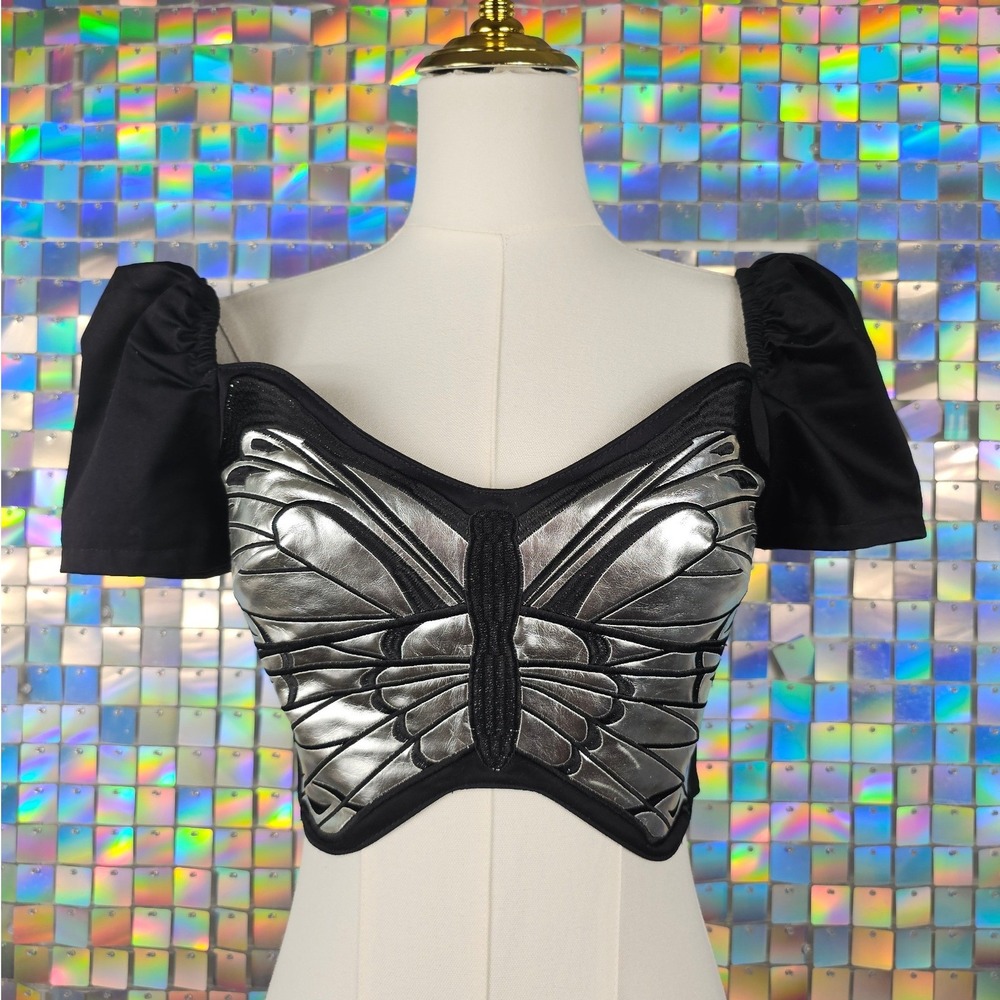 Dollskill Current Mood Silver Cyber Butterfly Crop Top Women Small NWT